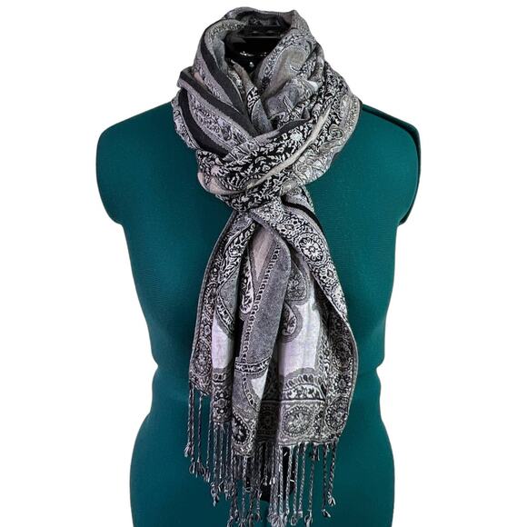 Oversized Paisley Tapestry Scarf Swirl Black White Gray 77" X 20" - Picture 3 of 11
